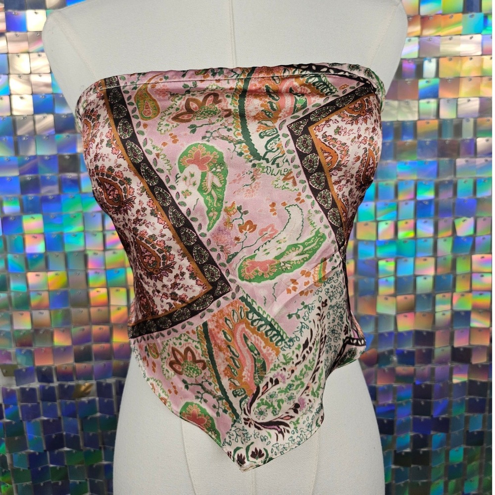 Cider Paisley Handkerchief Tube Top Womens XS Pink Y2K Clubcore Tie Back Satin - Picture 3 of 7